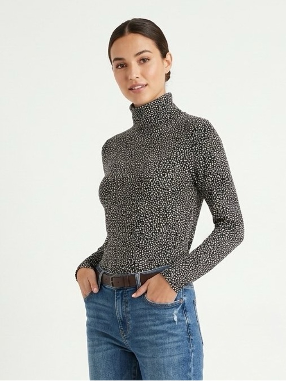 LIZ CLAIBORNE Knit Turtleneck Black Ivory Print M Medium NWOT $40 lcsr